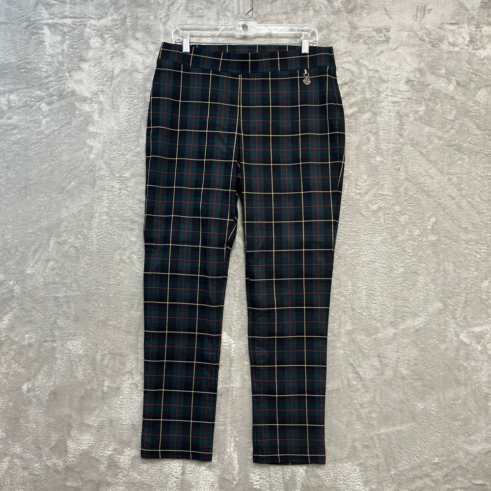 Tommy Hilfiger Plaid Pants Women Large Green Blue Slim Leg Stretch Pull On